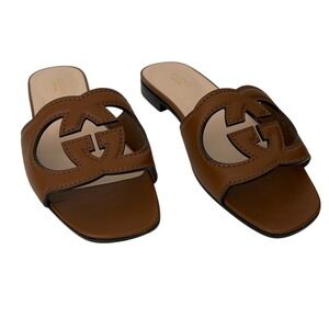 Gucci Brown Interlocking GG Cut Out Slip On Slide Leather Sandals Size IT 36